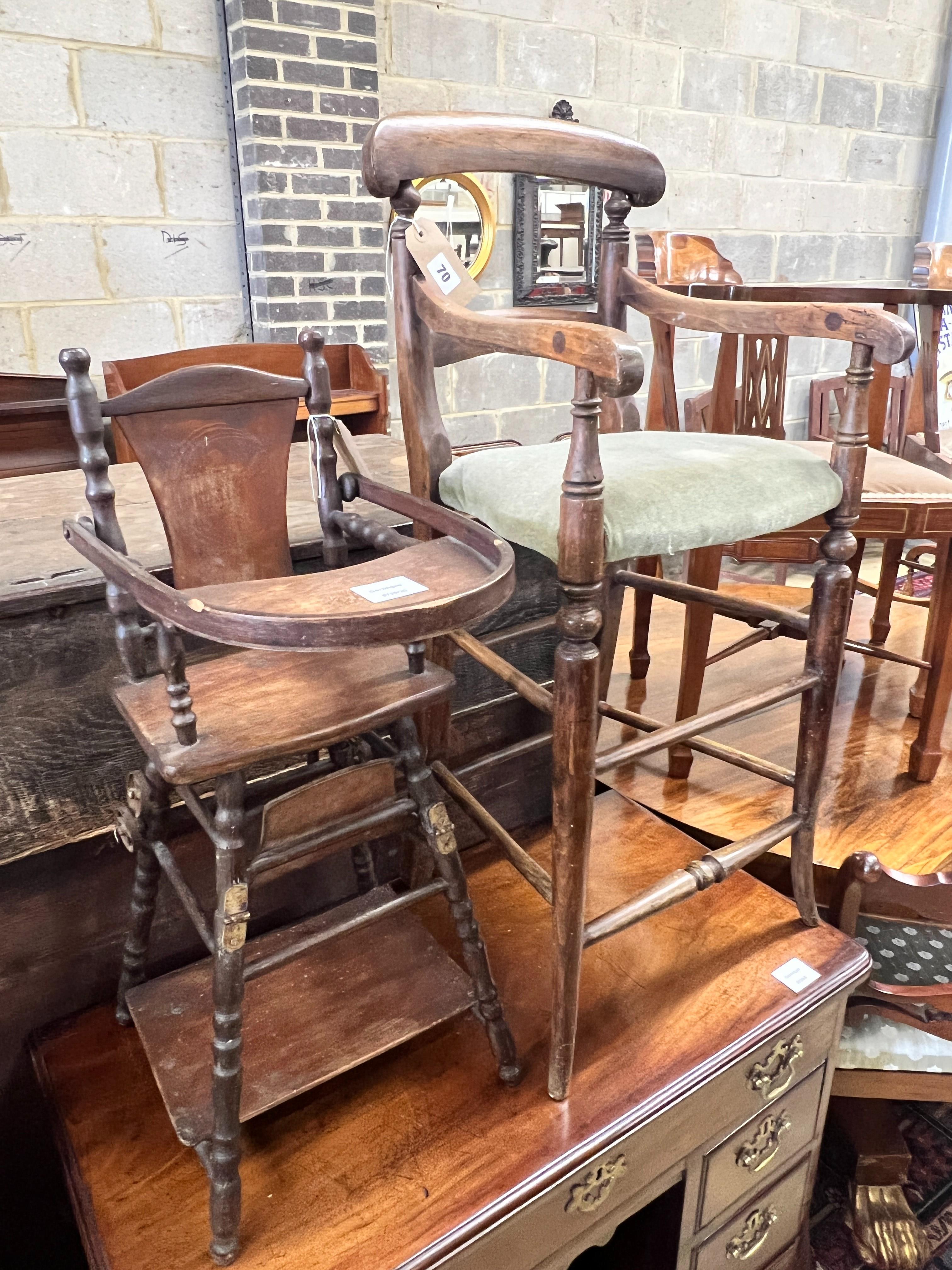 A Victorian beech child's high chair and a later metamorphic child's chair